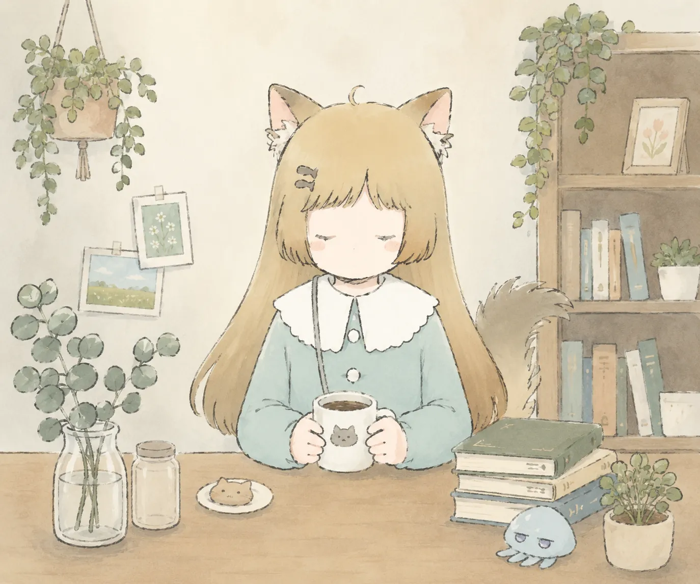 植物と本に囲まれ、マグカップを持つ猫耳の女の子