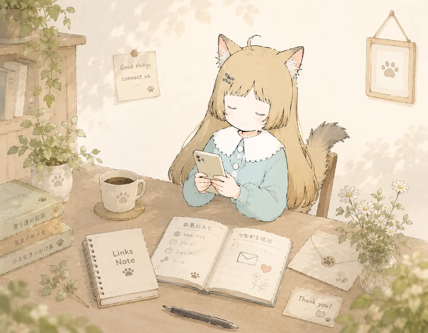 植物とノートに囲まれ、スマートフォンを見る猫耳の女の子