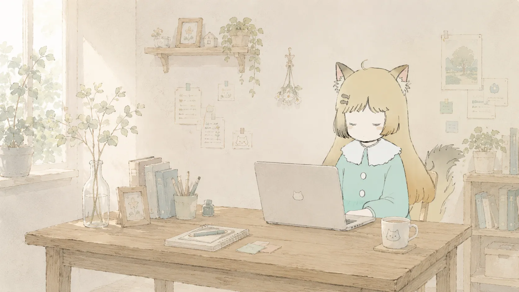 植物に囲まれた机でノートパソコンに向かう猫耳の女の子